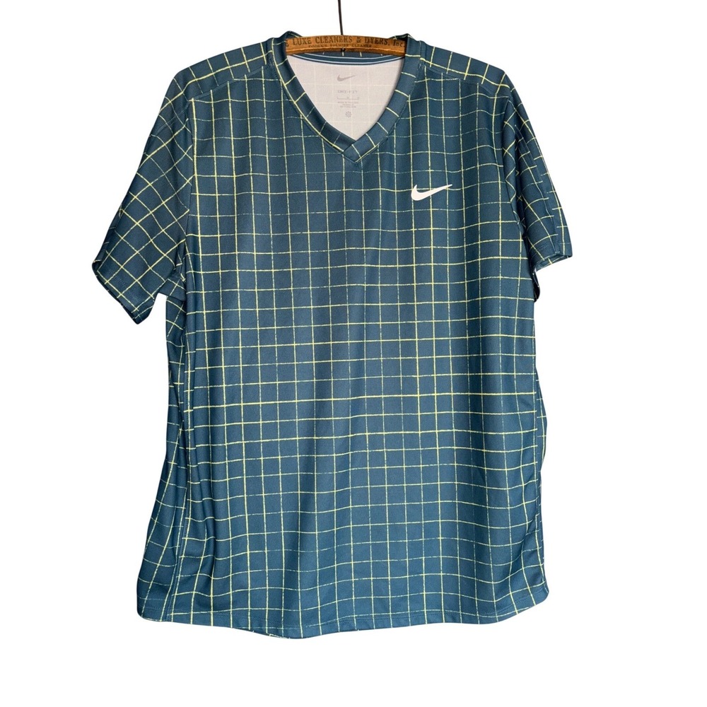 Nike Dri-FIT Womens Tennis V-Neck T-Shirt L Grid‎ Print Short Sleeve Outdoor